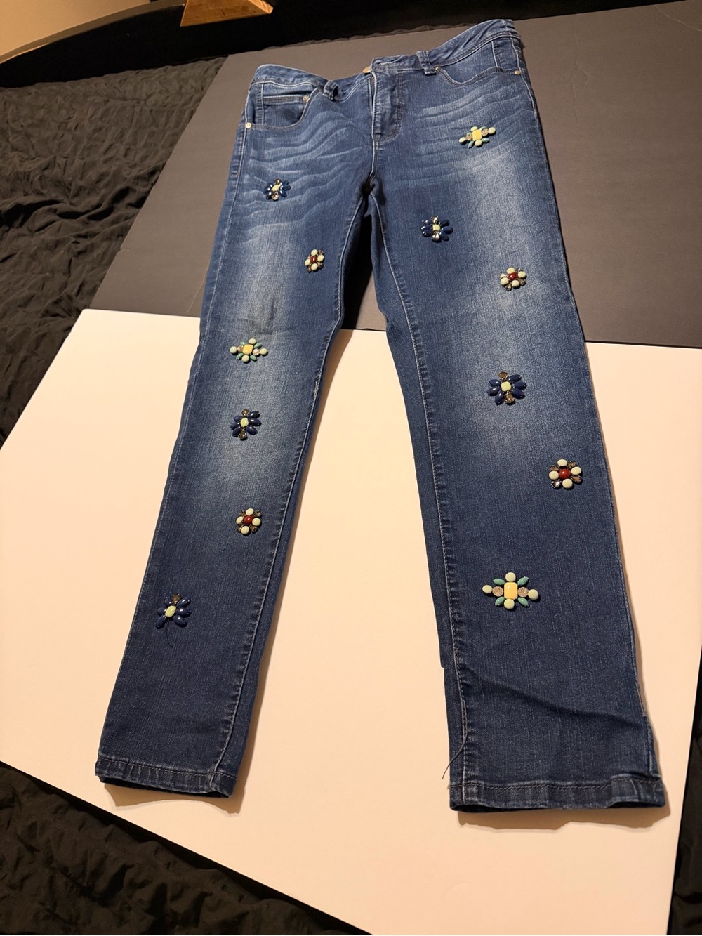 Frank Lyman Design Blue Skinny Jeans with Floral Bead Clusters